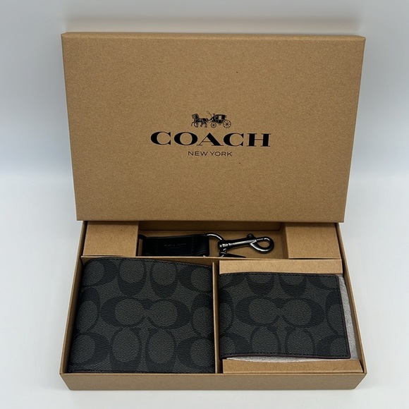 Boxed 3 In 1 Wallet Gift Set In Signature Canvas Black/Oxblood - Picture 1 of 14